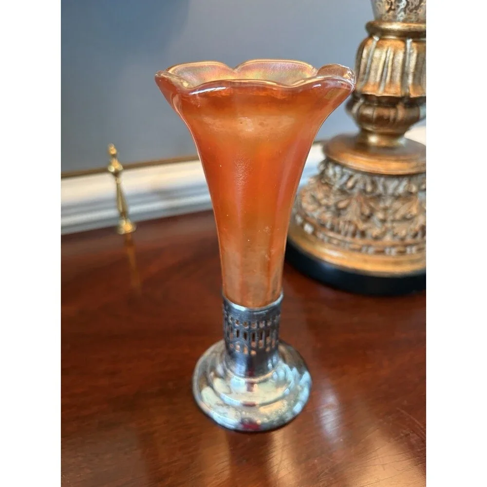 Vintage Art Nouveau Marigold Peach Carnival Glass Bud Flower Vase w/ Metal Stand